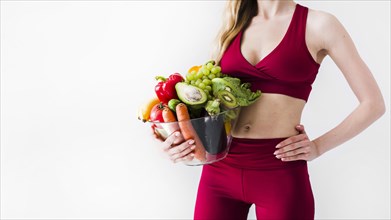 Diet concept with sport woman healthy food