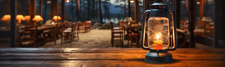 Warm and inviting lit vintage lantern resting on wood planks base outdoors in a mountain restaurant setting banner. generative AI