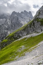 View of cloud-covered rocky mountain landscape with Riffelwand peaks and Riffelkoepfe