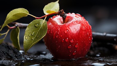 Beautiful ripe red apple with leaves and water drops