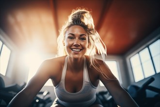 Close-up of a smiling and motivated young blonde woman at the ergometer in the gym