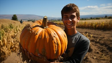 Smiling young man on the farm holding a large ripe pumpkin