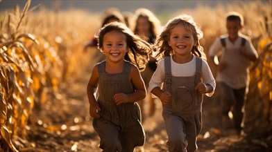 Happy laughing children running amist the corn fields on a fall day