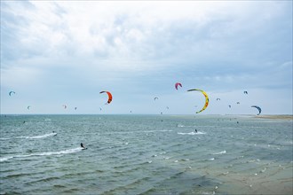 Kite surfers on the green beach of Terschelling