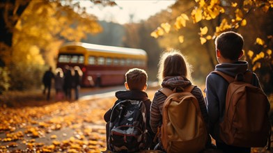 Young children wearing backpacks walking to the school bus on a fall morning