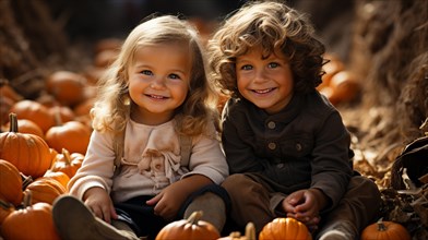 Two happy young children sitting amidst the pumpkins at the pumpkin patch farm on a fall day