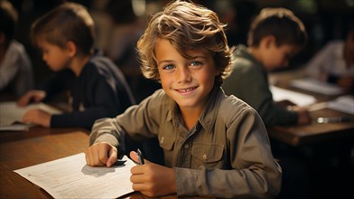 Young handsome smiling caucasian boy student at desk in school classroom