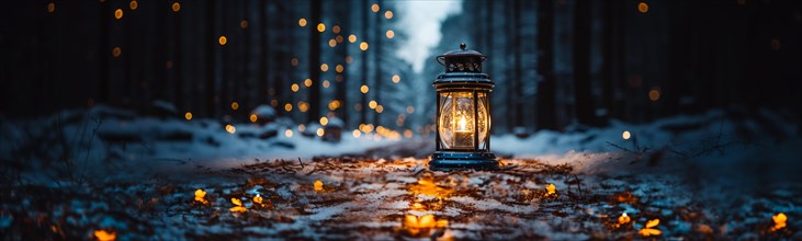 Warm and inviting lit vintage lantern resting on wood planks base outdoors in a winter setting. generative AI