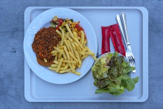 Vegetarian quick dish with fries on a tray