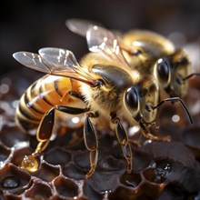 Honey bees sit on a honeycomb