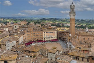Above the rooftops of Siena with a view of the Torre del Mangia bell tower and Piazza del Campo