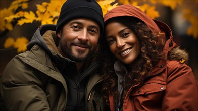 Happy warmly dressed young loving african american couple laugh as they enjoy the beautiful fall leaves in the park