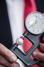An appraiser with a measuring device device to determine the diameter of a white pearl