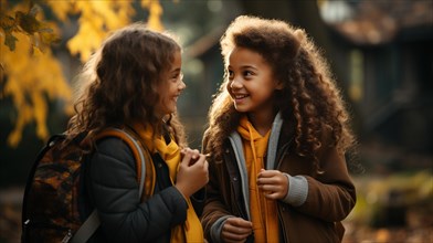 Two young student girlfriends wearing backpacks laughing while walking to school