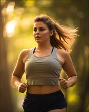 Close-up of a motivated young woman jogging in the evening light