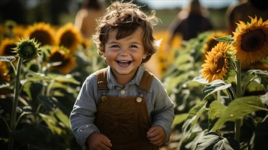 Happy laughing young boy running in the sunflower field on a fall day