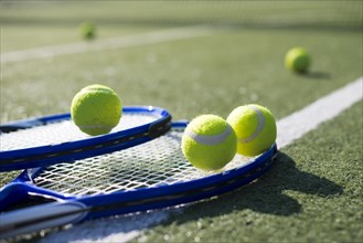 Close up tennis rackets balls ground