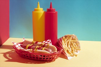 Food assortment with hot dog sauce bottles