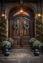 Beautiful christmas decorated front door and porch of a house on a winter evening. generative AI