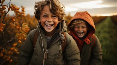 Happy laughing children running in the country fields on a fall day