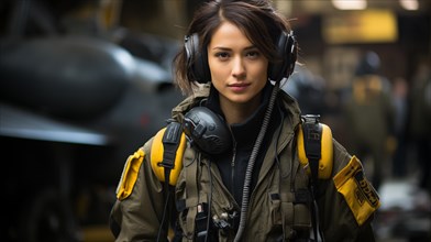 Mixed-race female fighter pilot soldier standing outside her military fighter jet