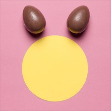 Easter eggs like bunny ear s round paper blank frame against pink backdrop
