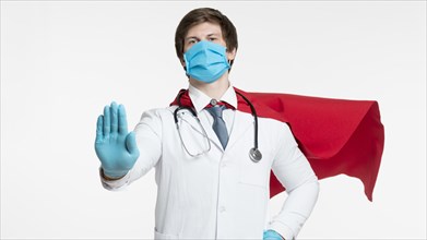 Man with medical mask protection glove