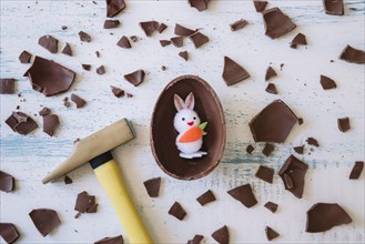 Hammer near chocolate egg bunny