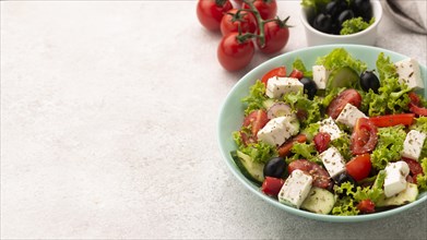 High angle salad with feta cheese tomatoes olives with copy space