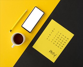 Planner calendar yellow black background with coffee