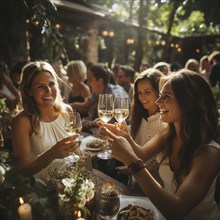 Young cheerful people toast each other with glasses raised
