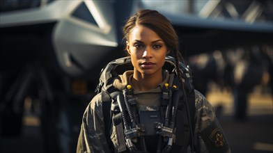 Female african american fighter pilot soldier stands outside her fighter jet