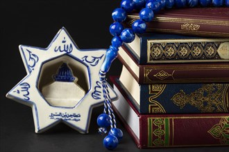Close up islamic new year quran books