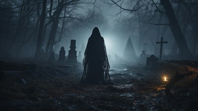 Spooky dark figure walking through the foggy night in a cemetary