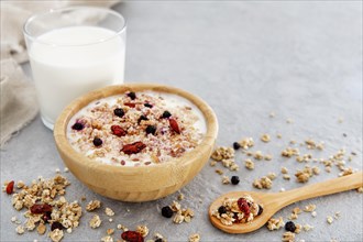 Nutritious milky breakfast with cereals nuts