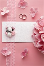 Luxury wedding concept pink flowers wedding rings