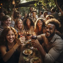 Young cheerful people toast each other with glasses raised