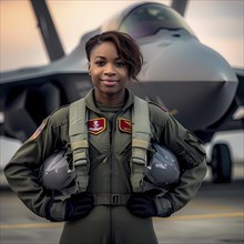 Proud young pilot stands in front of her F 35 fighter plane
