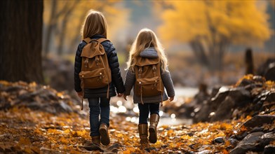 Two young children wearing backpacks walking to school on a beautiful fall morning