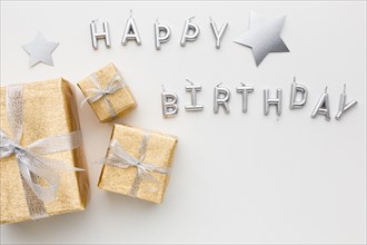 Top view happy birthday message gifts