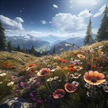 Mountain landscape with a green meadow and lots of flowers