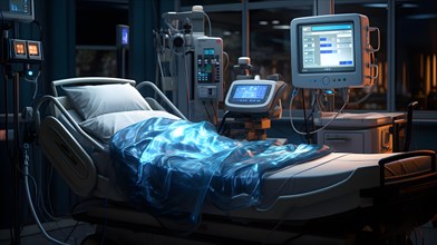 Symbolic image of an empty bed in an intensive care unit with the corresponding equipment