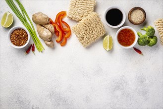Flat lay noodles spices mix with copy space