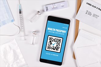 Concept for international Corona virus passport on mobile phone to allow privileges to people with vaccine or negative rapid antigen test