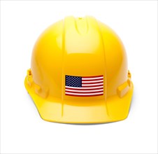 Yellow hardhat with an american flag decal on the front isolated on white background