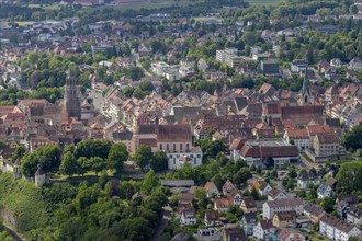 Panorama of the old town of Rottweil photographed from the top of the TK lift test tower of Thyssenkrupp 242m built 2017