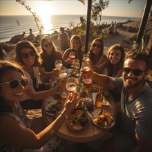Young cheerful people toast each other with glasses raised