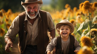 Grandfather and grandson laughing and running in the farm field
