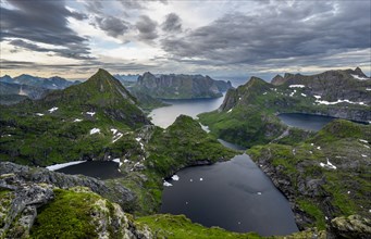 View over mountain landscape and lakes Krokvatnet and Litlforsvatnet with fjord Forsfjorden