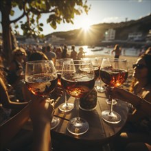 Young cheerful people toast each other with glasses raised